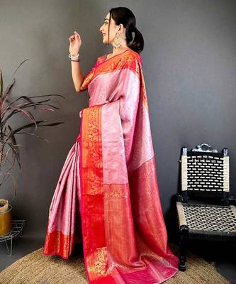 Women's pink & red soft silk banarasi saree with unstitched blouse 2