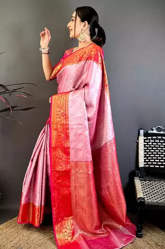 women's pink & red soft silk blend saree with unstitched blouse