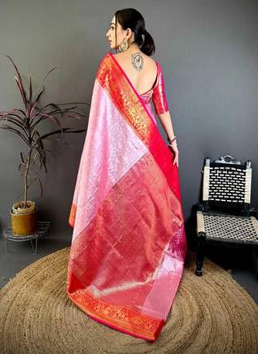 Women's pink & red soft silk banarasi saree with unstitched blouse 3