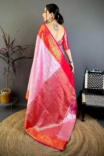 women's pink & red soft silk blend saree with unstitched blouse