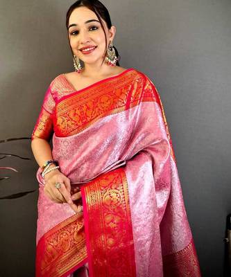 Women's pink & red soft silk banarasi saree with unstitched blouse 4
