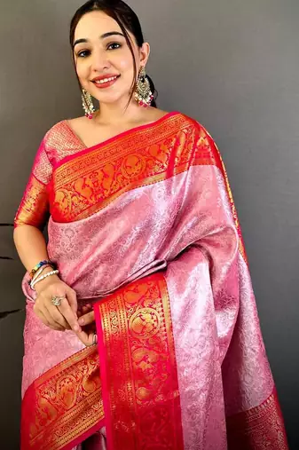 women's pink & red soft silk blend saree with unstitched blouse