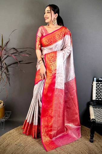 women's off white & red soft silk blend saree with unstitched blouse
