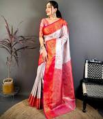 Women's off white & red soft silk banarasi saree with unstitched blouse