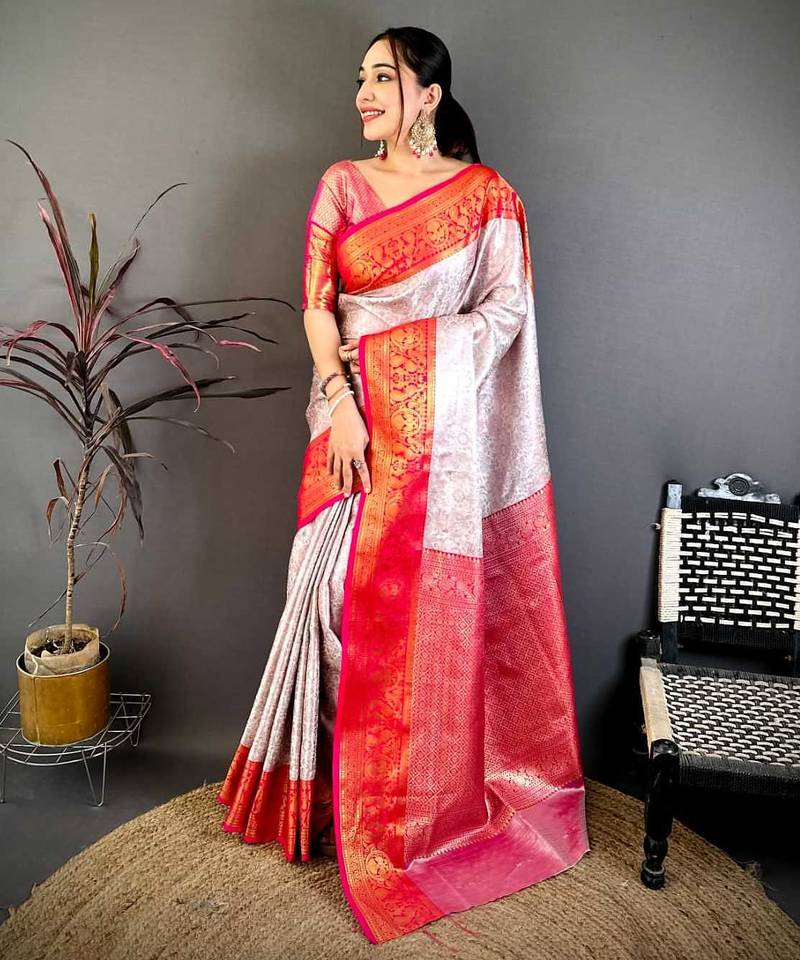 Women's off white & red soft silk banarasi saree with unstitched blouse