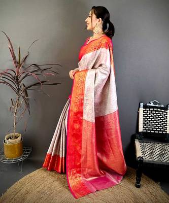Women's off white & red soft silk banarasi saree with unstitched blouse 2