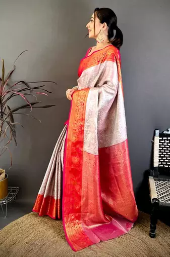 women's off white & red soft silk blend saree with unstitched blouse