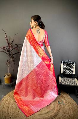 Women's off white & red soft silk banarasi saree with unstitched blouse 3