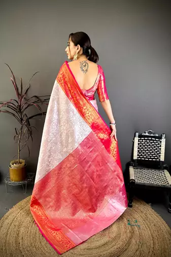 women's off white & red soft silk blend saree with unstitched blouse