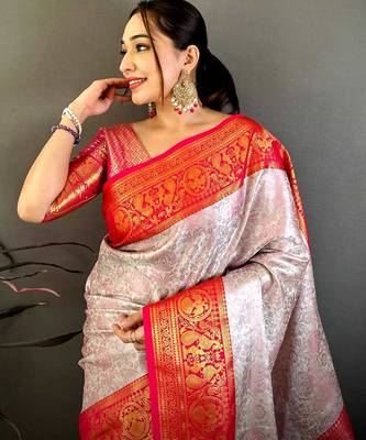 Women's off white & red soft silk banarasi saree with unstitched blouse 4