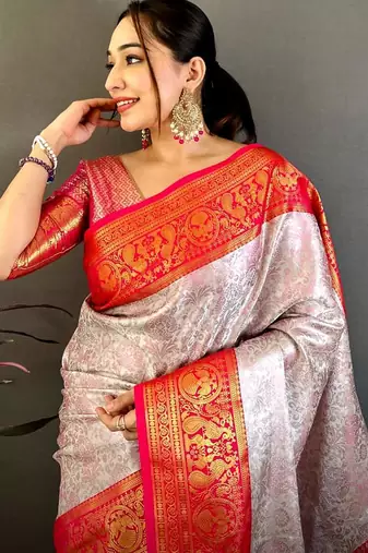 women's off white & red soft silk blend saree with unstitched blouse