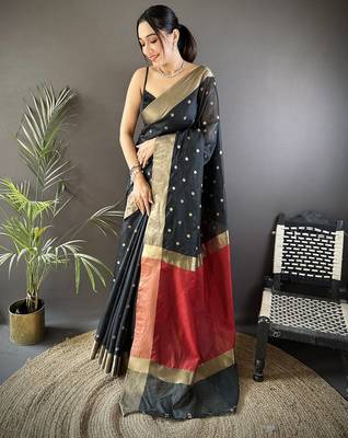 Women's black cotton silk banarasi saree with unstitched blouse 1