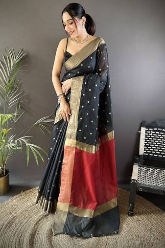 women's black cotton silk blend saree with unstitched blouse