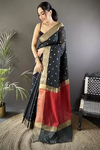 women's black cotton silk blend saree with unstitched blouse