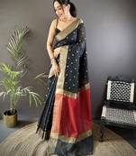Women's black cotton silk banarasi saree with unstitched blouse