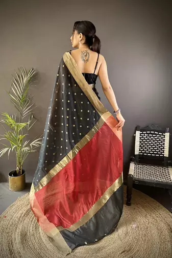 women's black cotton silk blend saree with unstitched blouse