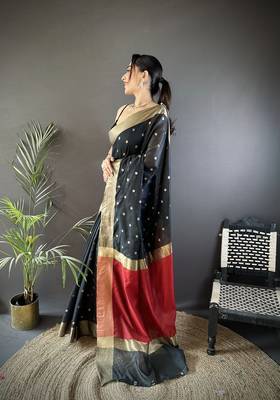 Women's black cotton silk banarasi saree with unstitched blouse 3