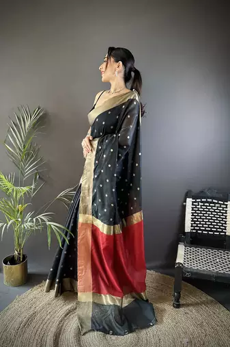 women's black cotton silk blend saree with unstitched blouse