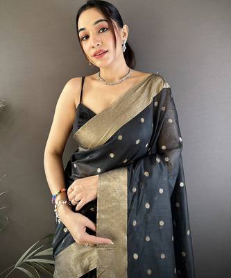 Women's black cotton silk banarasi saree with unstitched blouse 4