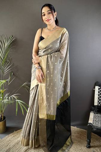 women's grey cotton silk blend saree with unstitched blouse
