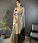 Women's grey cotton silk banarasi saree with unstitched blouse