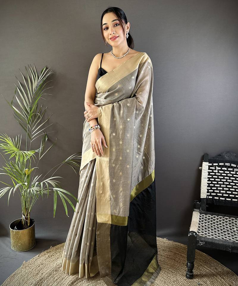 Women's grey cotton silk banarasi saree with unstitched blouse