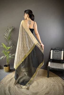 Women's grey cotton silk banarasi saree with unstitched blouse 2