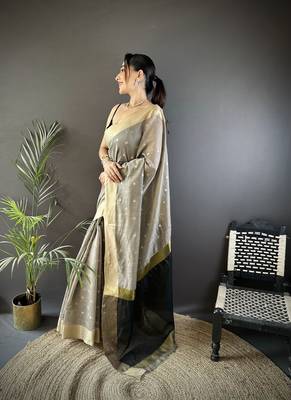 Women's grey cotton silk banarasi saree with unstitched blouse 3