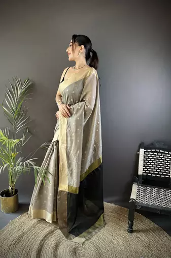 women's grey cotton silk blend saree with unstitched blouse