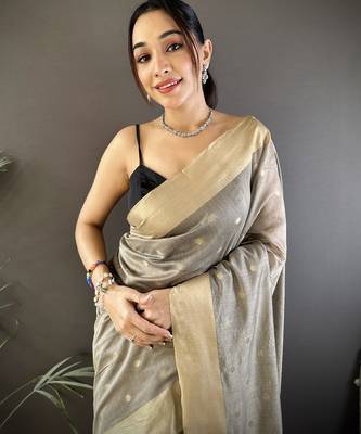 Women's grey cotton silk banarasi saree with unstitched blouse 4