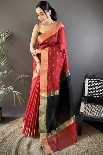 women's red cotton silk blend saree with unstitched blouse