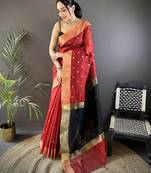 Women's red cotton silk banarasi saree with unstitched blouse