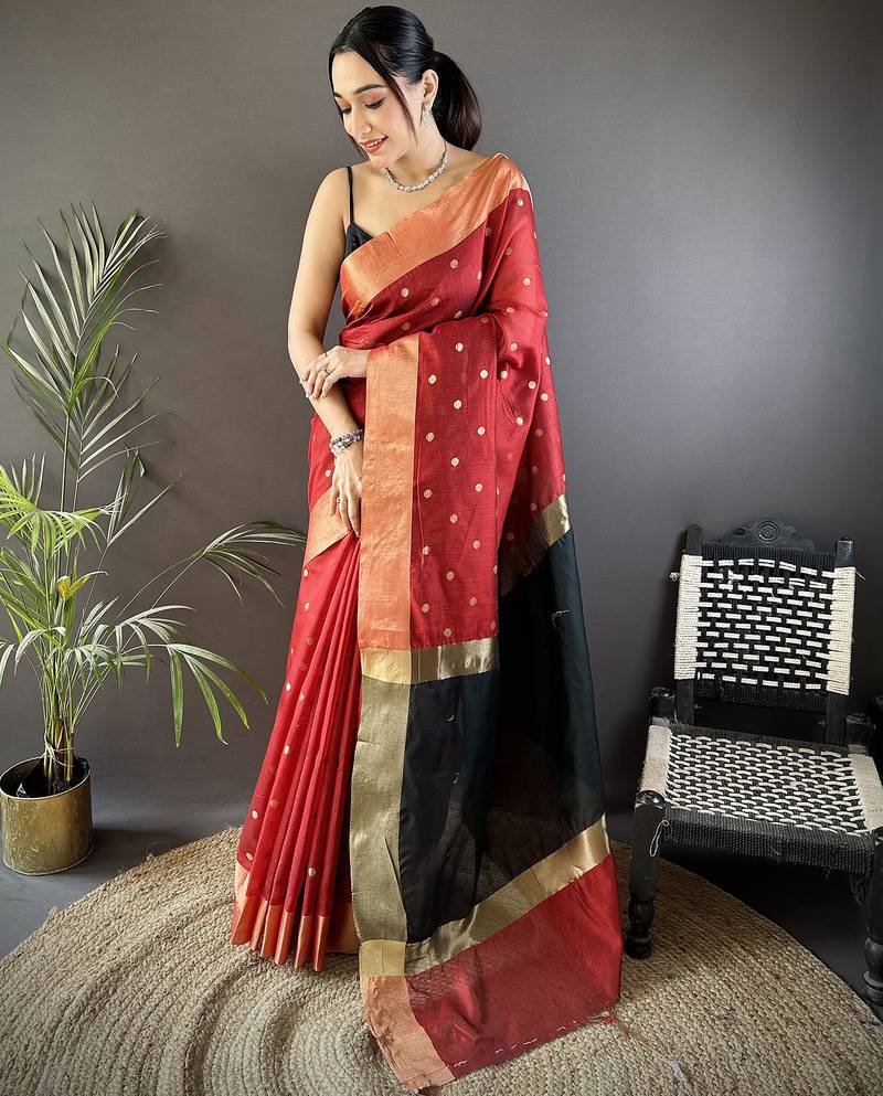 Women's red cotton silk banarasi saree with unstitched blouse