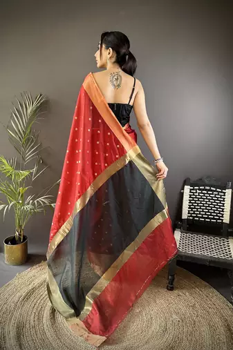 women's red cotton silk blend saree with unstitched blouse