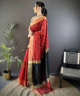 Women's red cotton silk banarasi saree with unstitched blouse 3