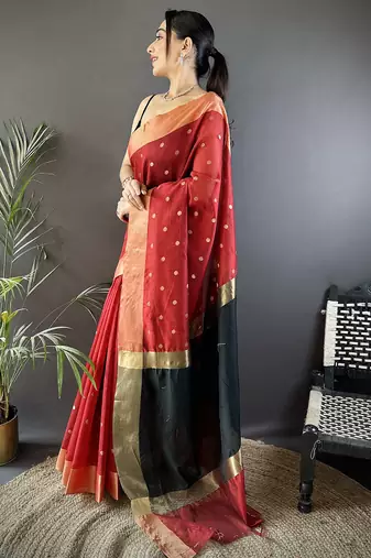 women's red cotton silk blend saree with unstitched blouse