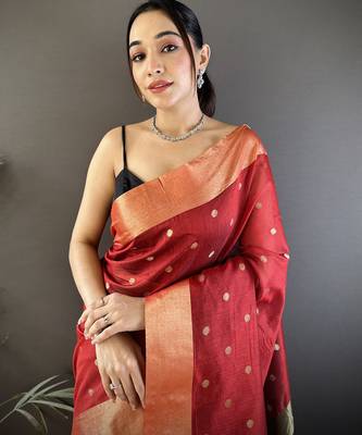 Women's red cotton silk banarasi saree with unstitched blouse 4