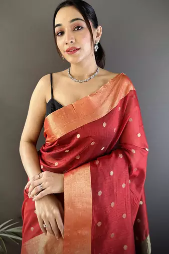 women's red cotton silk blend saree with unstitched blouse