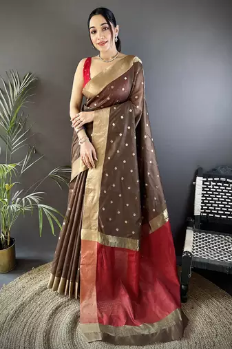 women's brown cotton silk blend saree with unstitched blouse