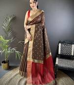 Women's brown cotton silk banarasi saree with unstitched blouse
