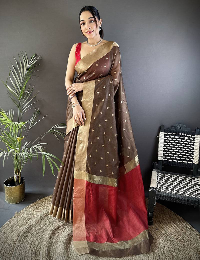 Women's brown cotton silk banarasi saree with unstitched blouse