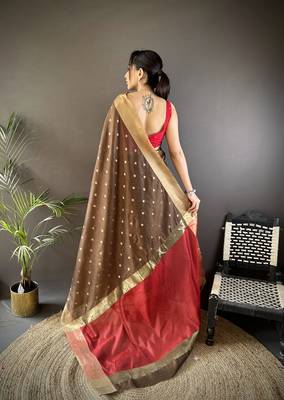 Women's brown cotton silk banarasi saree with unstitched blouse 2