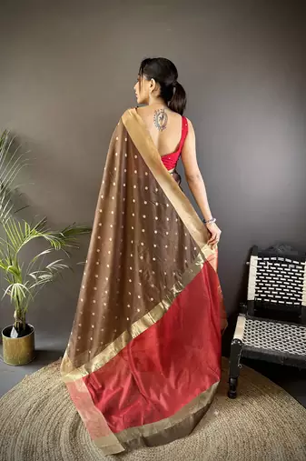 women's brown cotton silk blend saree with unstitched blouse