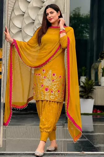 amber color embroidery and sequin work faux georgette kurti dhoti set