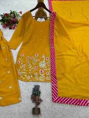 amber color embroidery and sequin work faux georgette kurti dhoti set 2