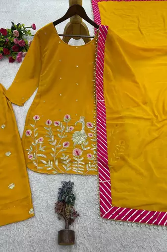 amber color embroidery and sequin work faux georgette kurti dhoti set
