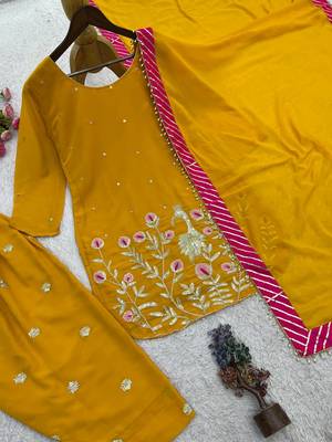 amber color embroidery and sequin work faux georgette kurti dhoti set 3