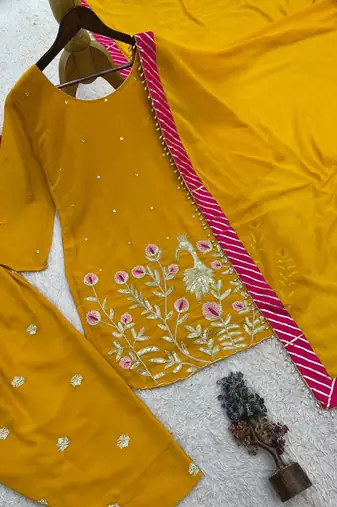 amber color embroidery and sequin work faux georgette kurti dhoti set