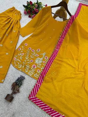 amber color embroidery and sequin work faux georgette kurti dhoti set 4