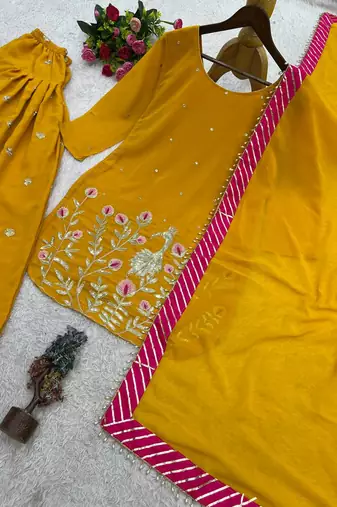 amber color embroidery and sequin work faux georgette kurti dhoti set